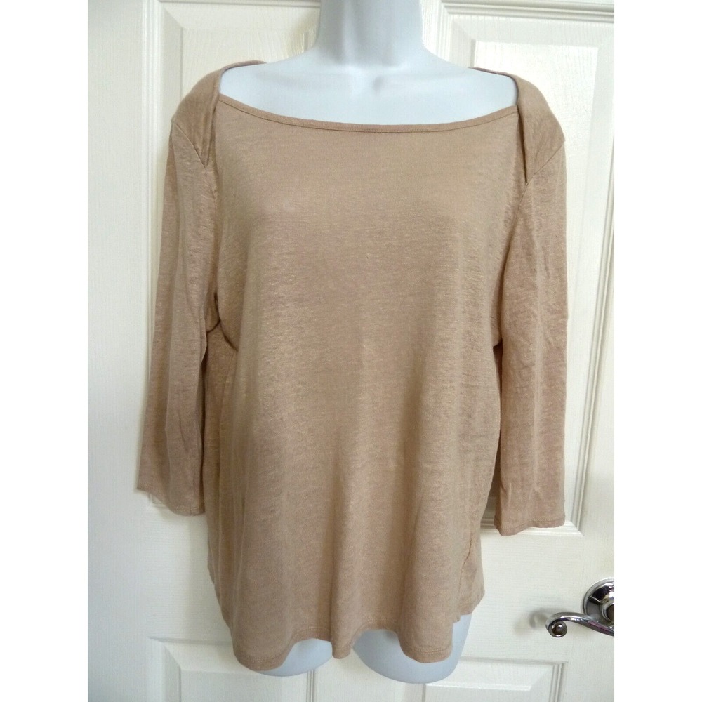 **ANDREA JOVINE  Sz Med. 3/4 Sleeve Boatneck LINEN Pullover Top Beige Classic**